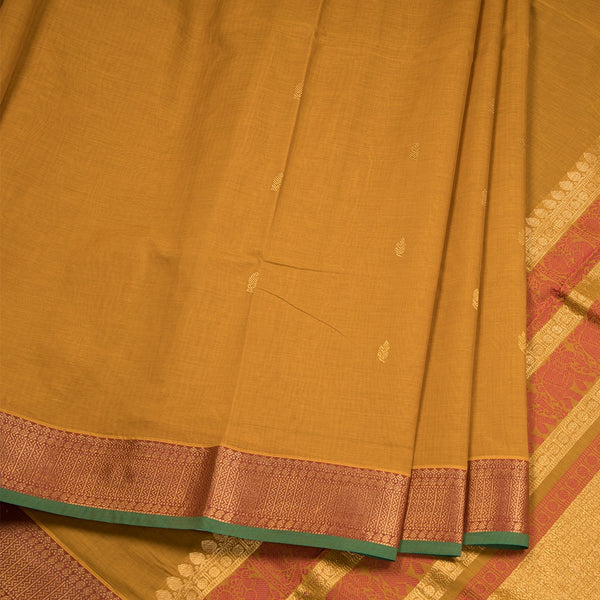Chettinad Cotton Mustard Yellow Saree With Small Zari Buttas And Zari Border