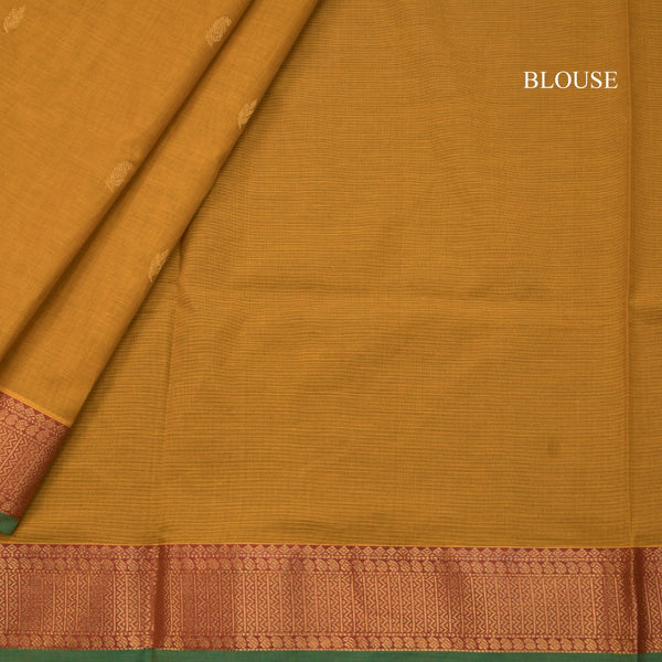 Chettinad Cotton Mustard Yellow Saree With Small Zari Buttas And Zari Border