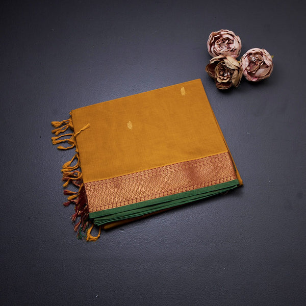 Chettinad Cotton Mustard Yellow Saree With Small Zari Buttas And Zari Border