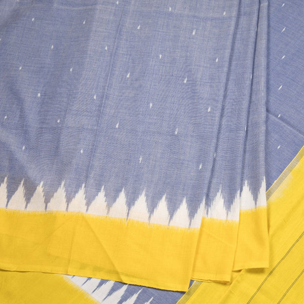 Pochampally Cotton Light Blue Printed Saree With Yellow Border On Temple Design