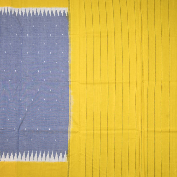 Pochampally Cotton Light Blue Printed Saree With Yellow Border On Temple Design