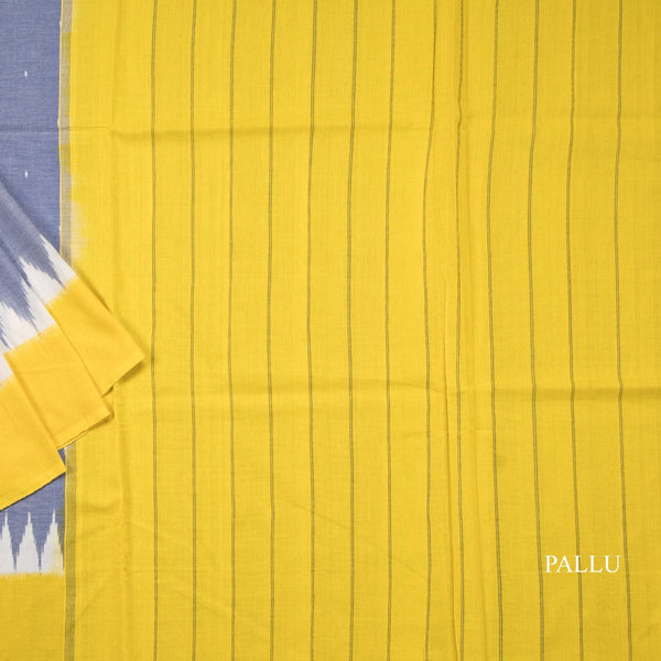 Pochampally Cotton Light Blue Printed Saree With Yellow Border On Temple Design