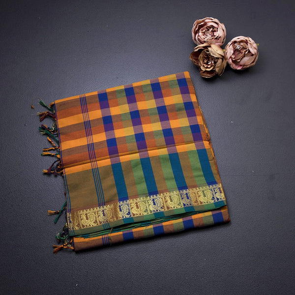 Poly Cotton Multi Colour Checked Saree 11