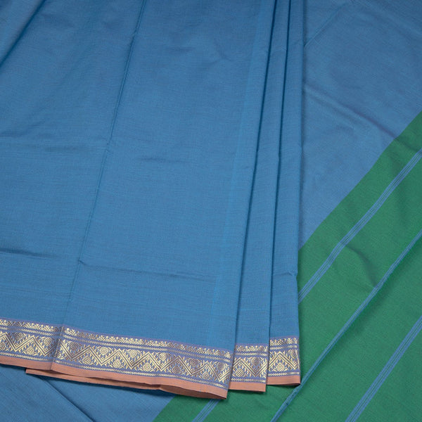Poly Cotton Blue Plain Saree With Zig Zag Design Zari Border
