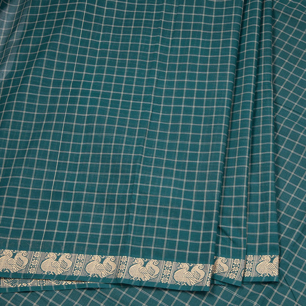 10 Yards Teal Green Sungudi Cotton Checked Saree Without Blouse