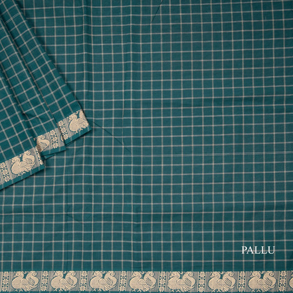 10 Yards Teal Green Sungudi Cotton Checked Saree Without Blouse