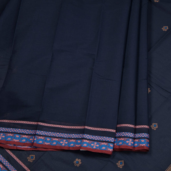 Chettinad Cotton Navy Blue Saree With Thread Border Without Blouse 03