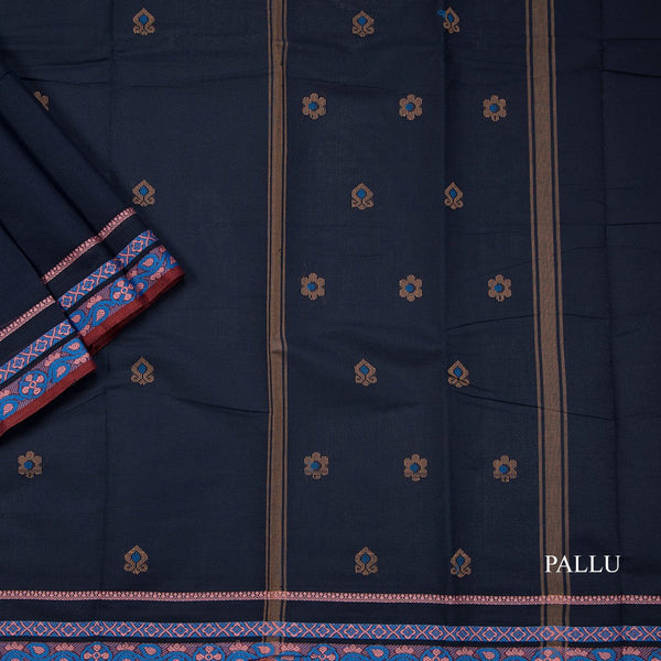 Chettinad Cotton Navy Blue Saree With Thread Border Without Blouse 03