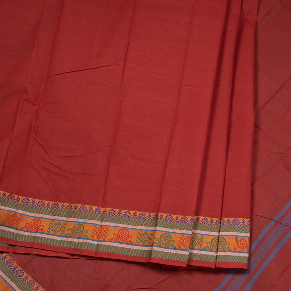 Chettinad Cotton Brick Red Saree With Thread Border Without Blouse