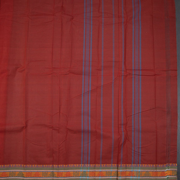 Chettinad Cotton Brick Red Saree With Thread Border Without Blouse