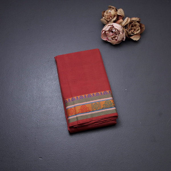 Chettinad Cotton Brick Red Saree With Thread Border Without Blouse