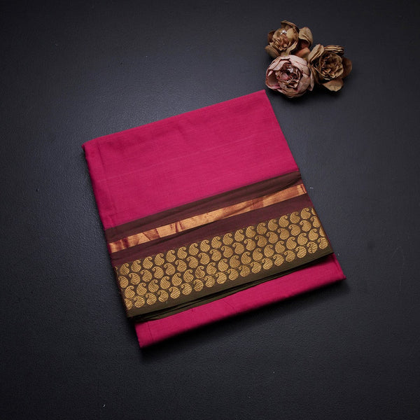 9 Yards Chettinad Cotton Hot Pink Saree With Zari Border Without Blouse