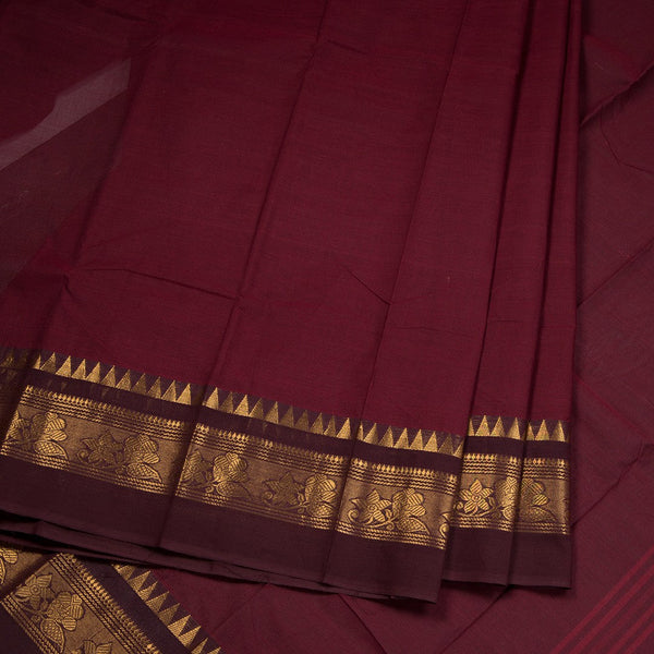Chettinad Cotton Maroon Saree With Temple Border Without Blouse
