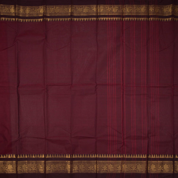 Chettinad Cotton Maroon Saree With Temple Border Without Blouse