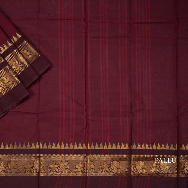 Chettinad Cotton Maroon Saree With Temple Border Without Blouse