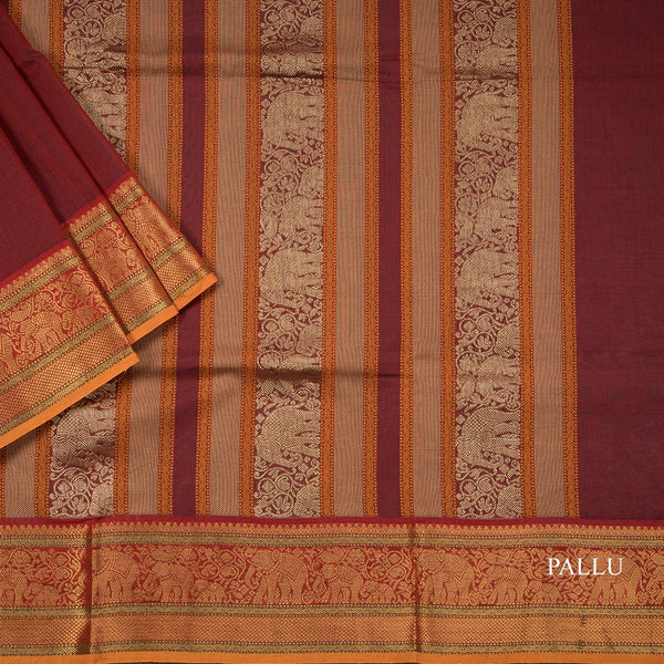 Kanchi Cotton Maroon Saree With Thread Buttas And Zari Border