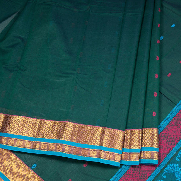Kanchi Cotton Dark Green Saree With Thread Buttas And Zari Border