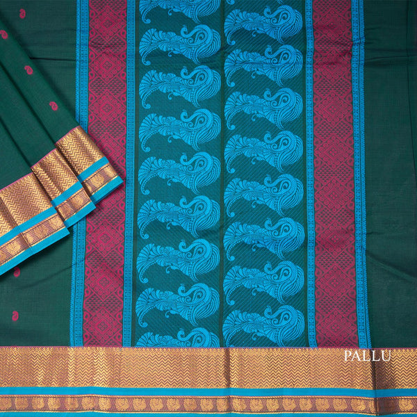 Kanchi Cotton Dark Green Saree With Thread Buttas And Zari Border