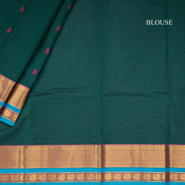 Kanchi Cotton Dark Green Saree With Thread Buttas And Zari Border
