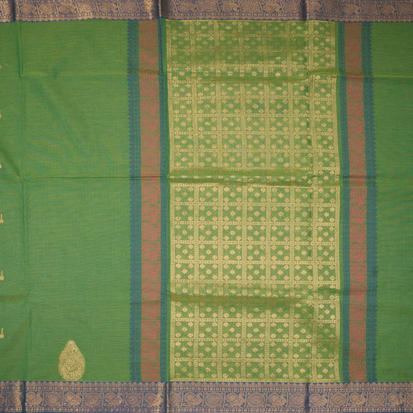 Kanchi Cotton Parrot Green Saree With Zari Buttas And Zari Border