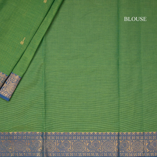 Kanchi Cotton Parrot Green Saree With Zari Buttas And Zari Border