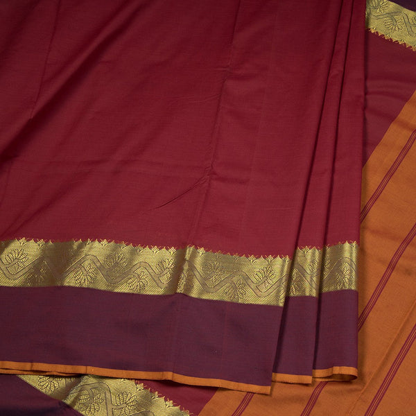 Poly Cotton Maroon Plain Saree With Floral Zari Border