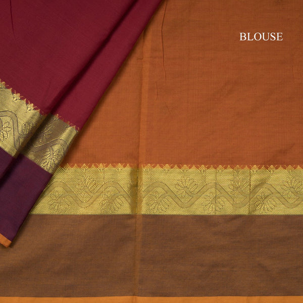 Poly Cotton Maroon Plain Saree With Floral Zari Border