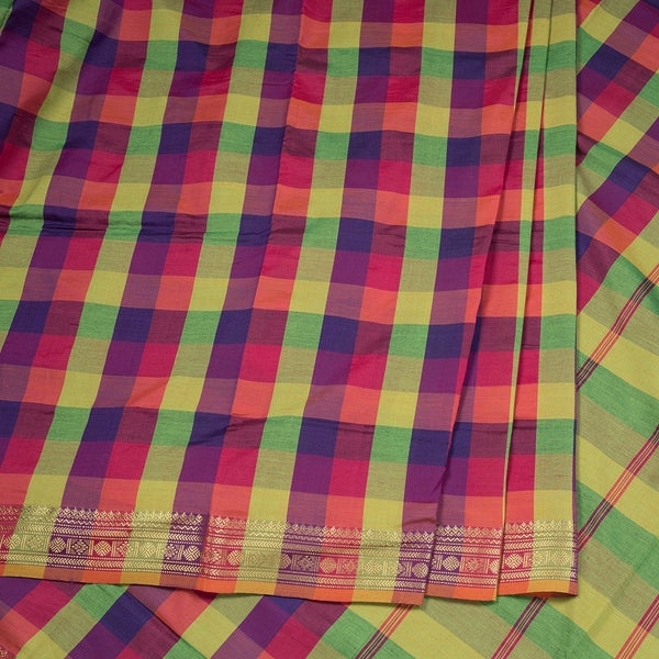 Poly Cotton Multi Colour Checked Saree With Zari Border