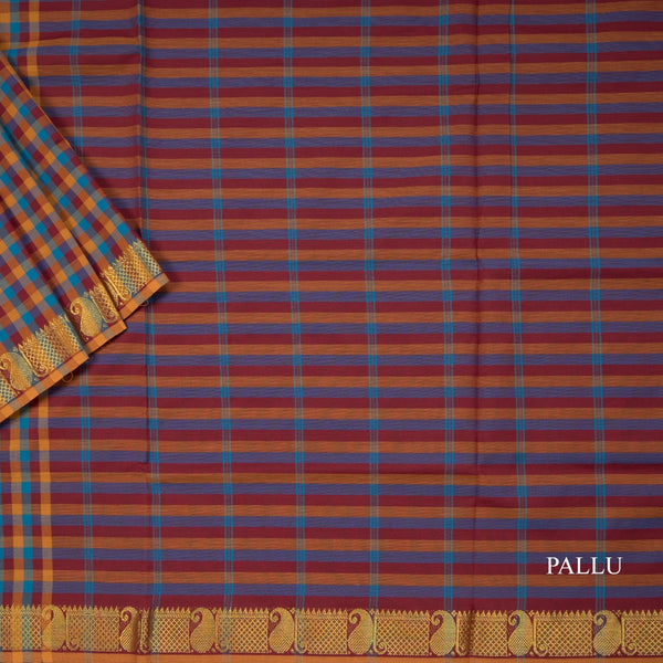 Poly Cotton Multi Colour Checked Saree With Mango Zari Border 02