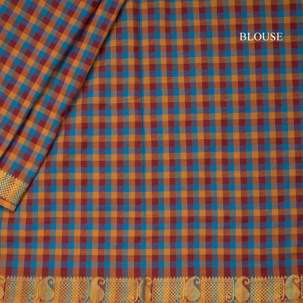Poly Cotton Multi Colour Checked Saree With Mango Zari Border 02