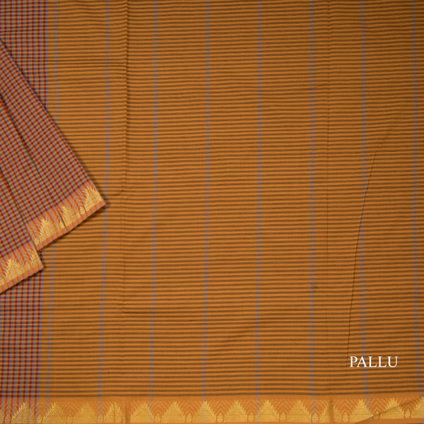 Poly Cotton Multi Colour Checked Saree With Temple Zari Border