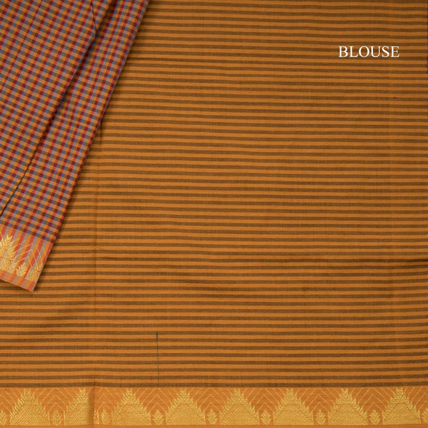 Poly Cotton Multi Colour Checked Saree With Temple Zari Border