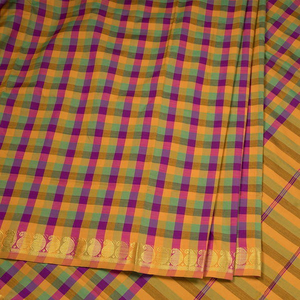 Poly Cotton Multi Colour Checked Saree With Mango Zari Border