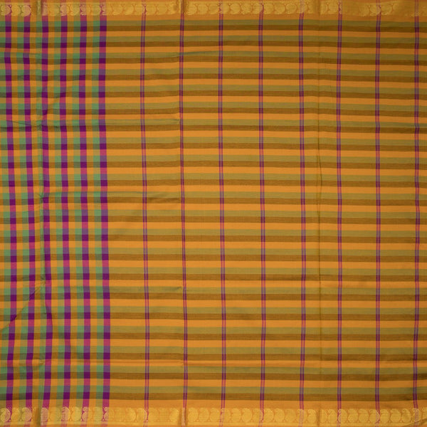 Poly Cotton Multi Colour Checked Saree With Mango Zari Border