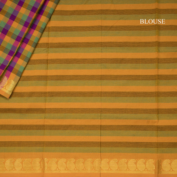 Poly Cotton Multi Colour Checked Saree With Mango Zari Border