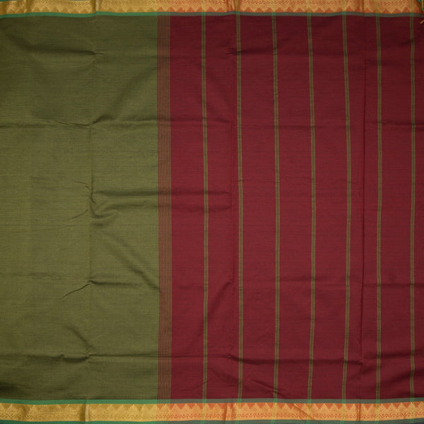 Poly Cotton Olive Green Saree With Temple Zari Border