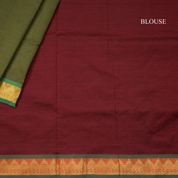 Poly Cotton Olive Green Saree With Temple Zari Border