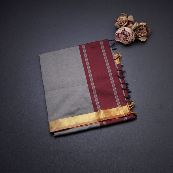 Poly Cotton Grey Saree With Zari Border
