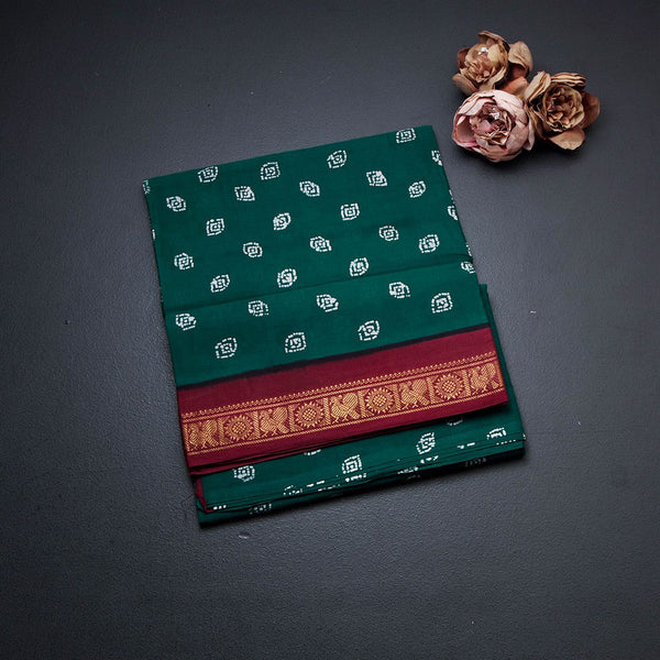 Sungudi Cotton Teal Green Printed Saree Without Blouse 09