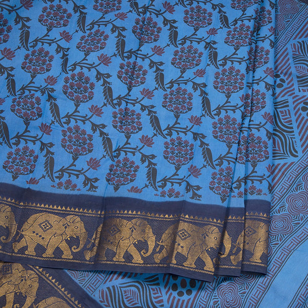 Sungudi Cotton Azure Blue Floral Printed Saree Without Blouse
