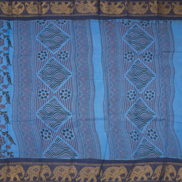 Sungudi Cotton Azure Blue Floral Printed Saree Without Blouse