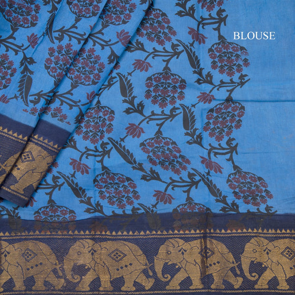 Sungudi Cotton Azure Blue Floral Printed Saree