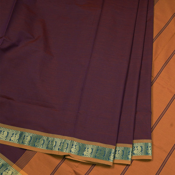 Poly Cotton Dark Purple Saree With Peacock Zari Border