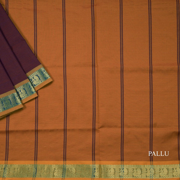 Poly Cotton Dark Purple Saree With Peacock Zari Border