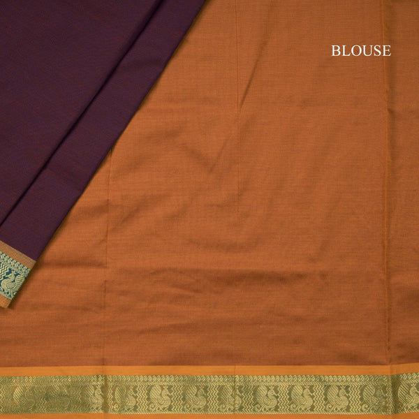 Poly Cotton Dark Purple Saree With Peacock Zari Border