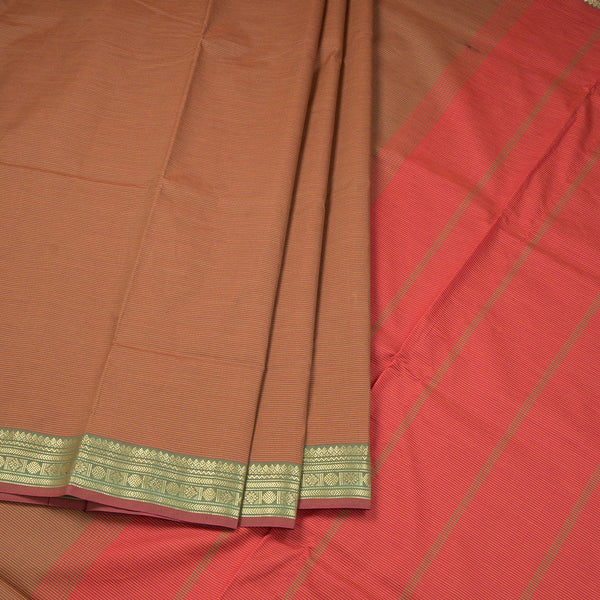Poly Cotton Cinnamon Brown Saree With Zari Border