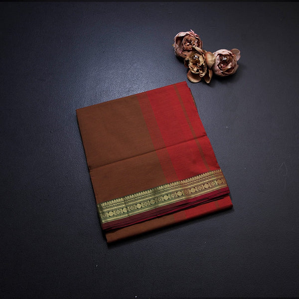 Poly Cotton Cinnamon Brown Saree With Zari Border