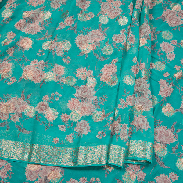Chiffon Turquoise Blue Printed Saree