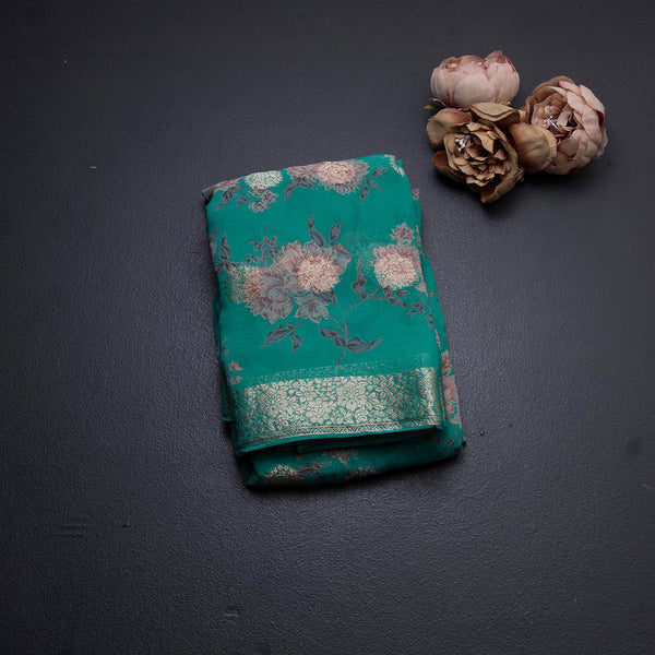 Chiffon Turquoise Blue Printed Saree