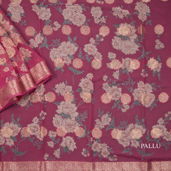 Chiffon Rose Pink Printed Saree 02